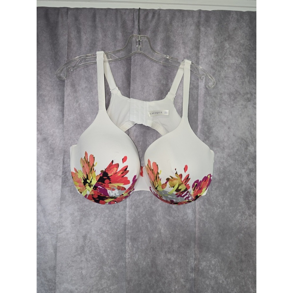 Cacique Floral Underwire Bra 46DD White Lightly Lined Med Coverage Adjustable